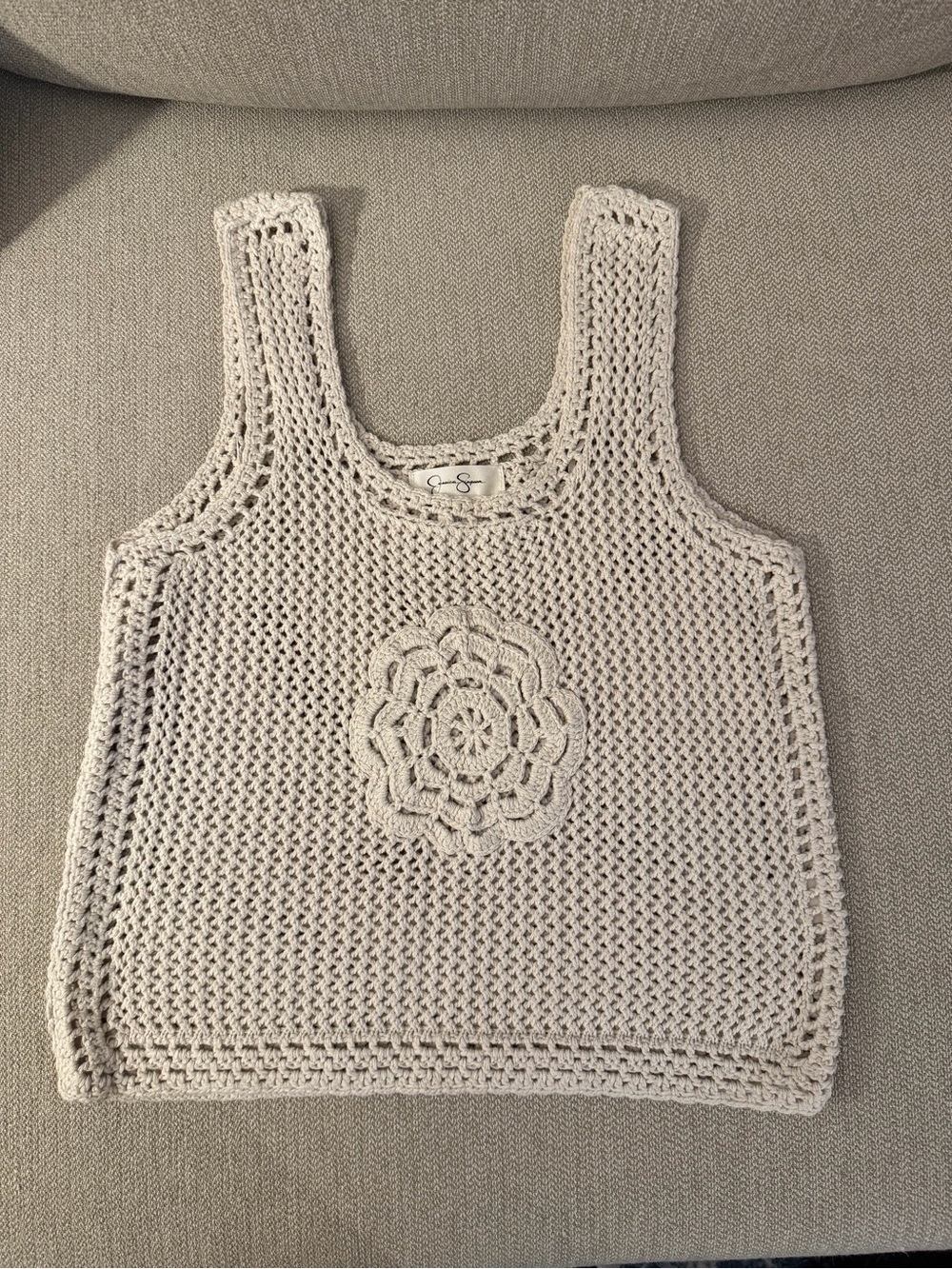Jessica Simpson Cream Crochet Tank Tote with Floral Motif